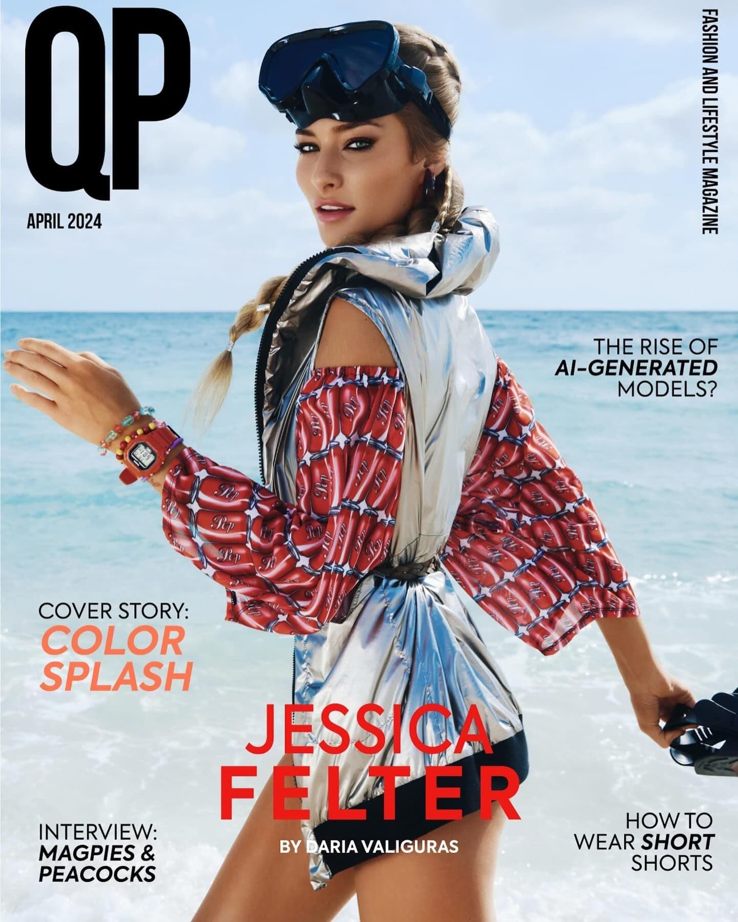 QP magazine cover, April 2024. Model with a braid, goggles, and fashionable beach attire stands on the beach.