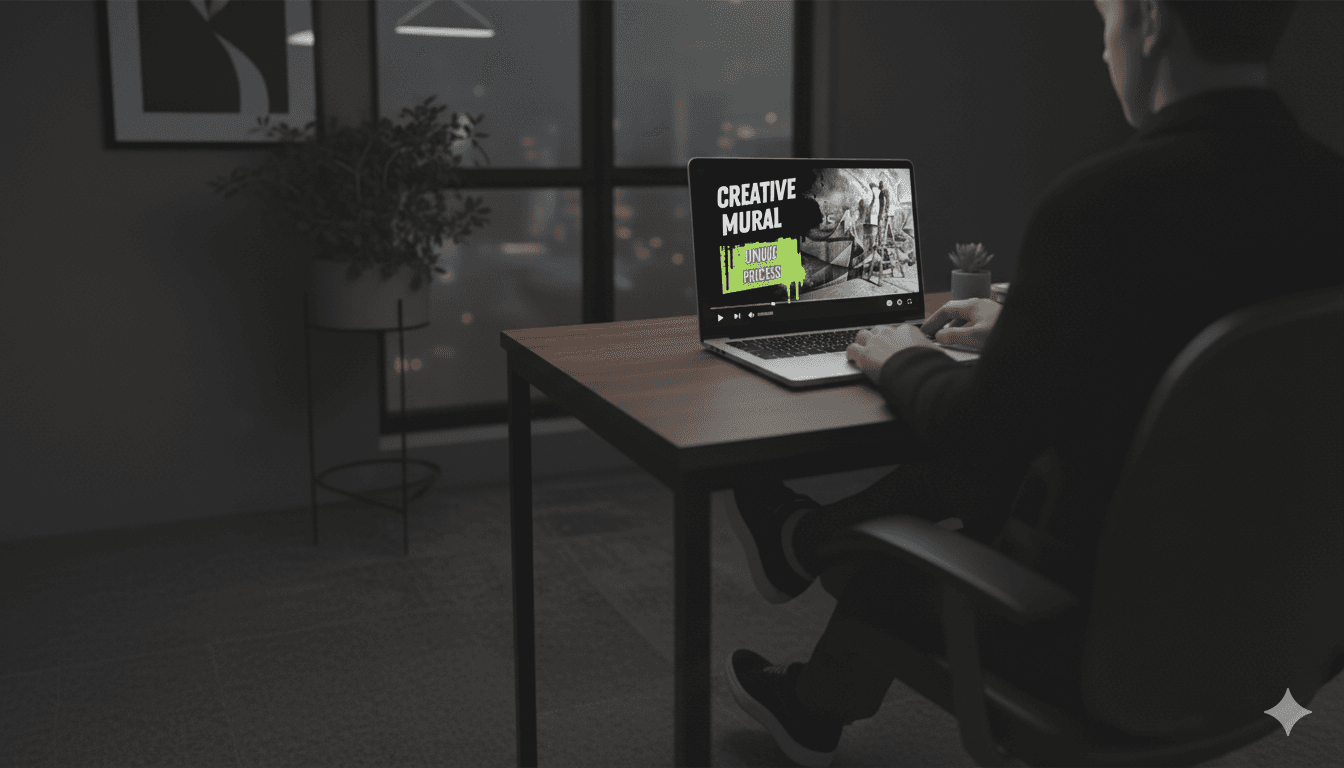 A person at a desk watches a portfolio video on a laptop showcasing an artist's creative mural process.