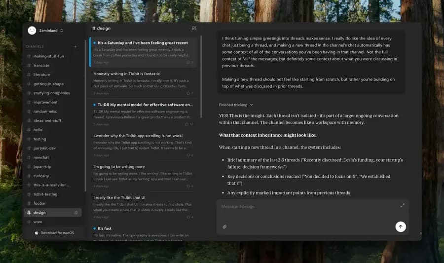Screenshot of Tidbit, a workspace and chat app, showing channel list and message threads in the #design channel.