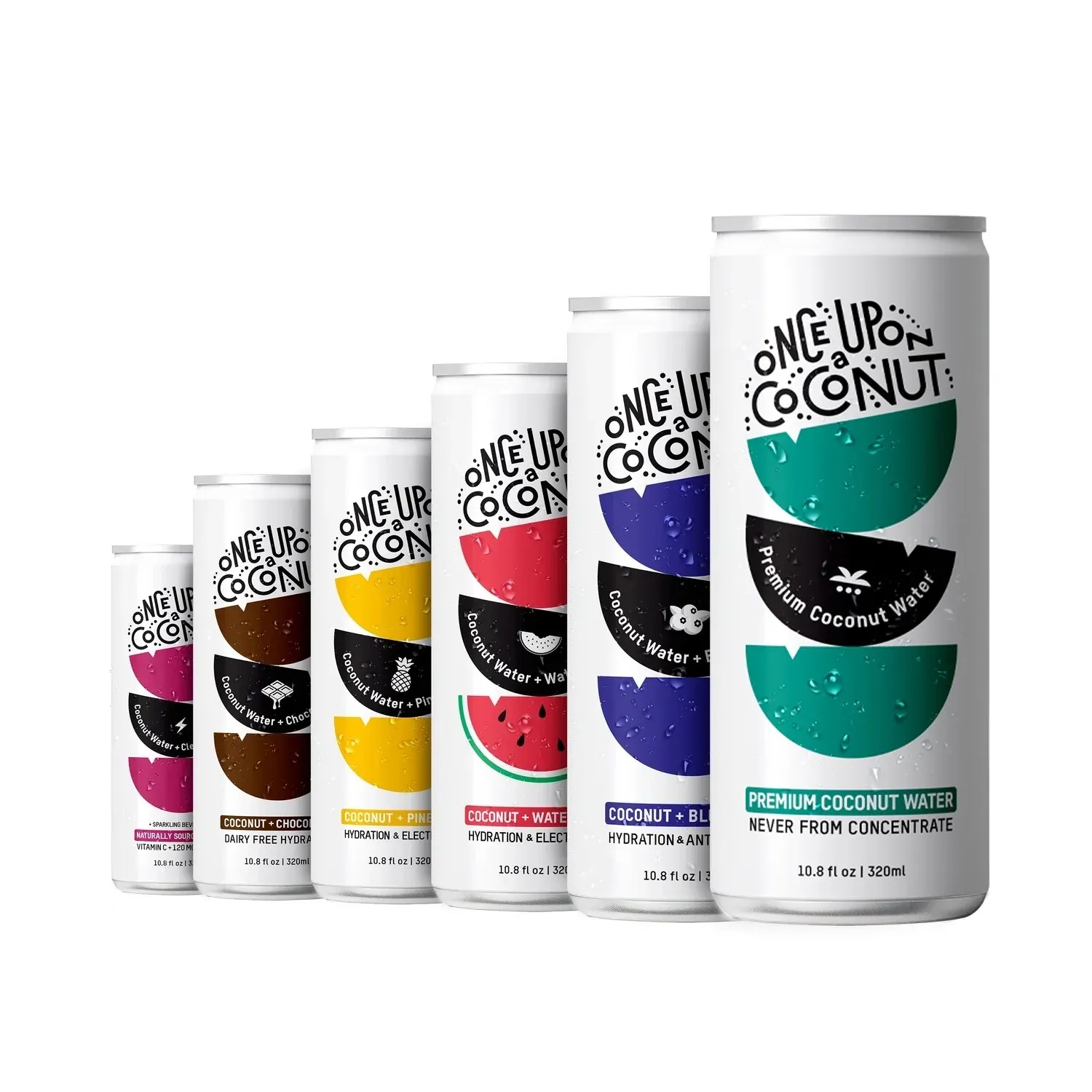 Variety of Once Upon a Coconut canned beverages with different flavors.