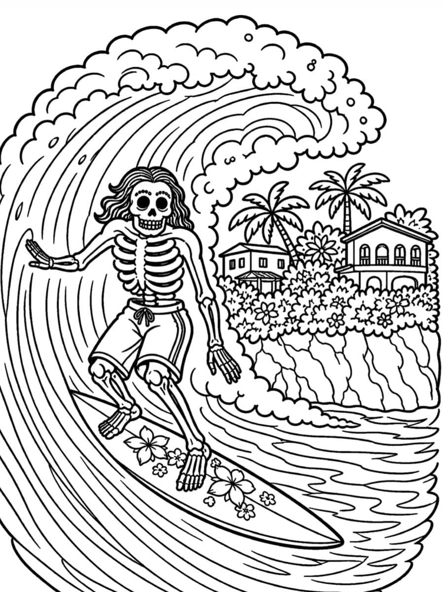 Black and white line art illustration of a skeleton with long hair surfing a large wave on a floral surfboard near a tropical shoreline.