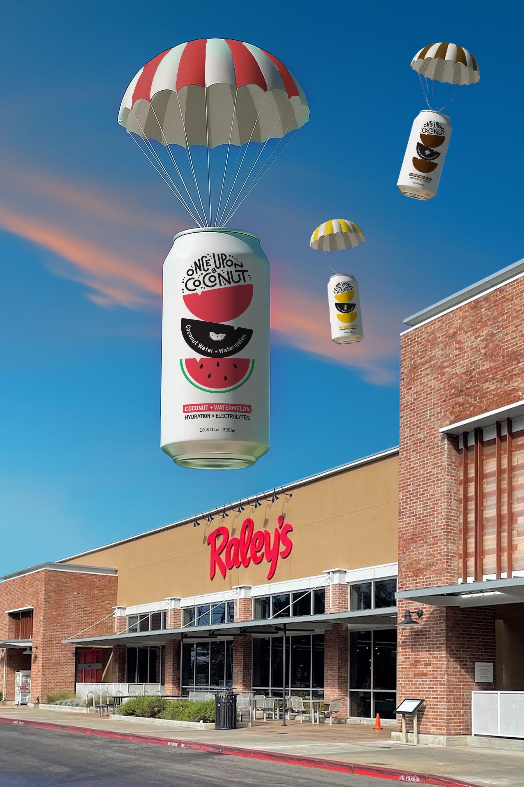 Cans of 'Once Upon a Coconut' beverage descend with parachutes near a Raley's grocery store, creating a whimsical, eye-catching scene.