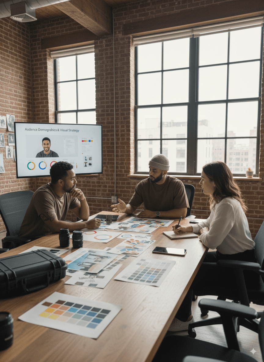 Three creative professionals discuss visual strategy and videography plans in a modern office.