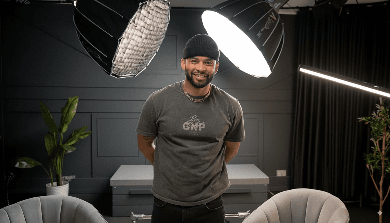 Creative director Mike Press smiles while standing in his production studio, surrounded by professional video lighting.