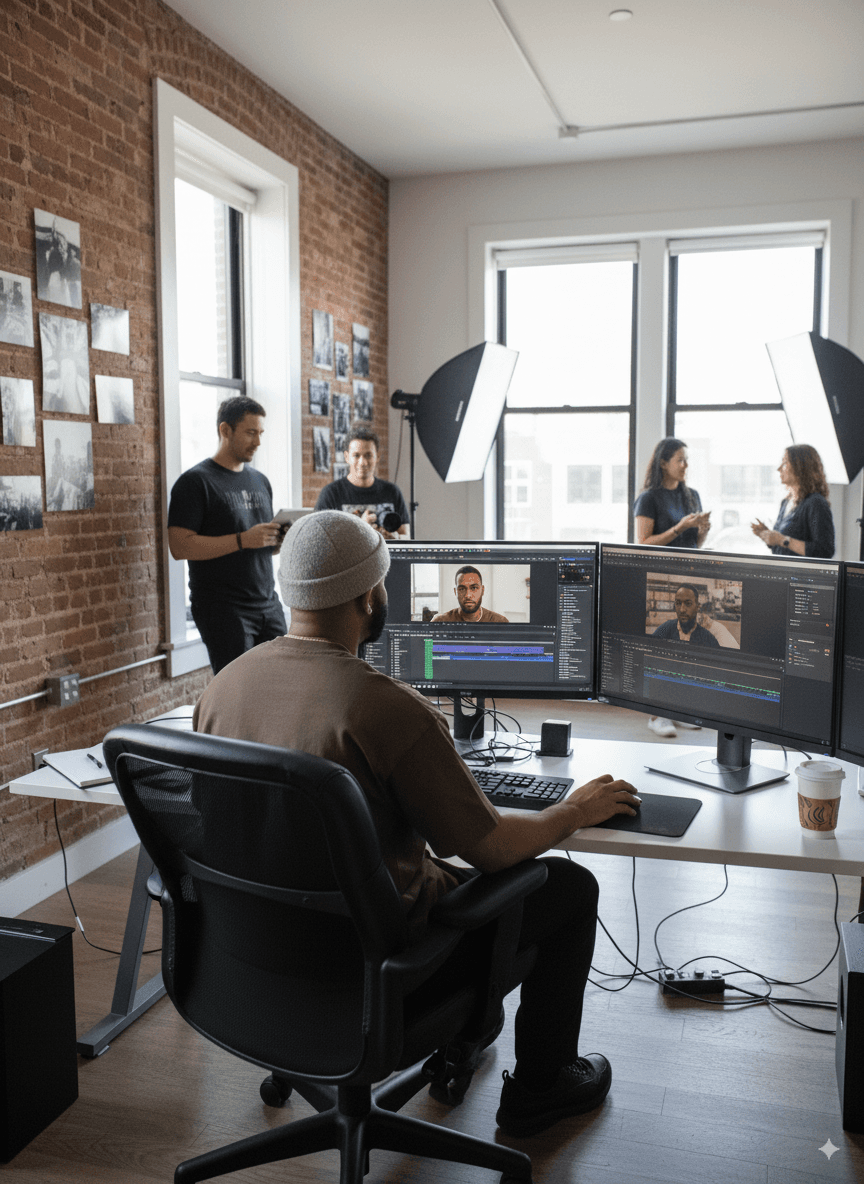 A videographer edits video footage on multiple monitors while a creative team collaborates in the background.