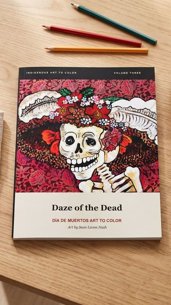 Daze of the Dead paperback coloring book on a desk with colored pencils