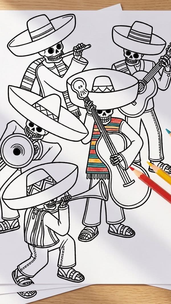 Skeleton mariachi coloring pages from Daze of the Dead, printed at home