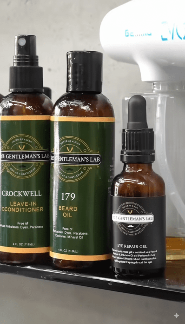 Three amber bottles of Gentleman's Lab leave-in conditioner, beard oil, and eye repair gel on a shelf.