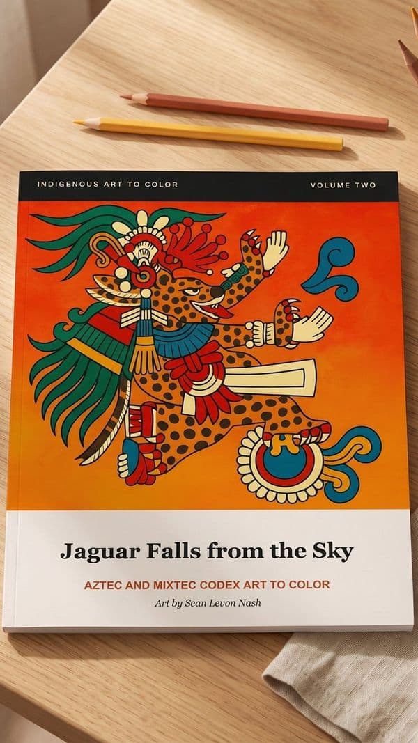 Jaguar Falls from the Sky paperback coloring book on a desk with colored pencils