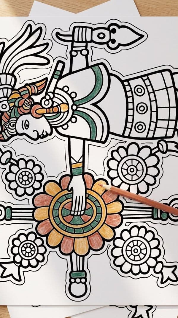 Partly colored Aztec codex page from Jaguar Falls from the Sky, printed at home