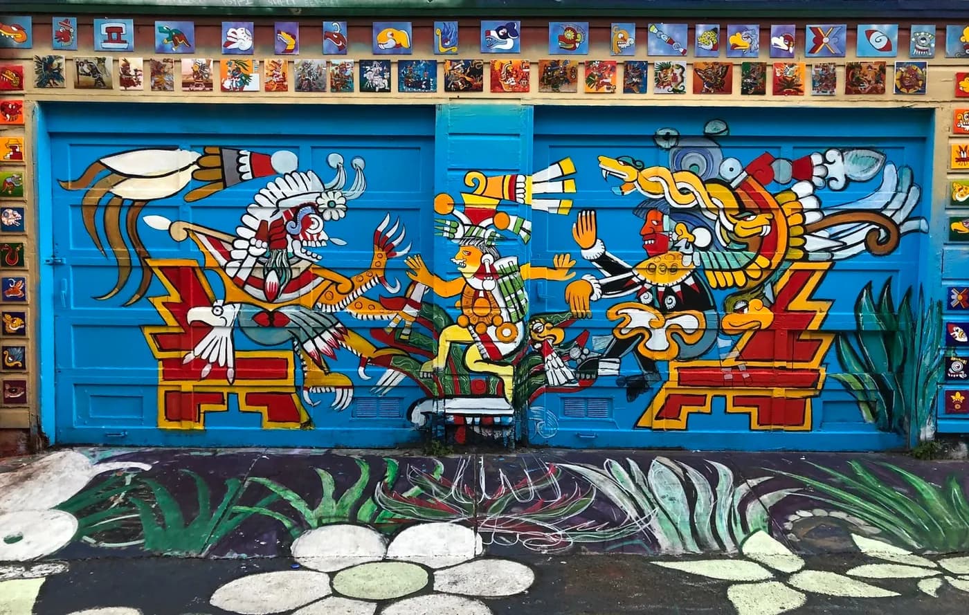 Aztec mural by Sean Levon Nash on a garage in San Francisco