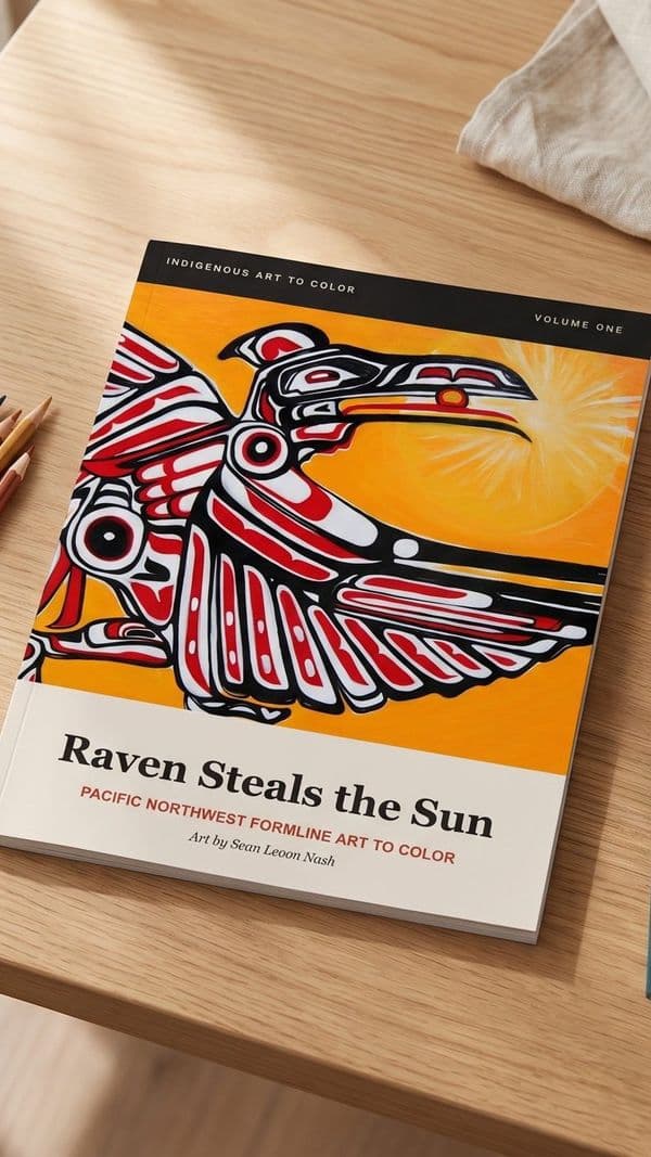 Raven Steals the Sun paperback coloring book on a desk with colored pencils