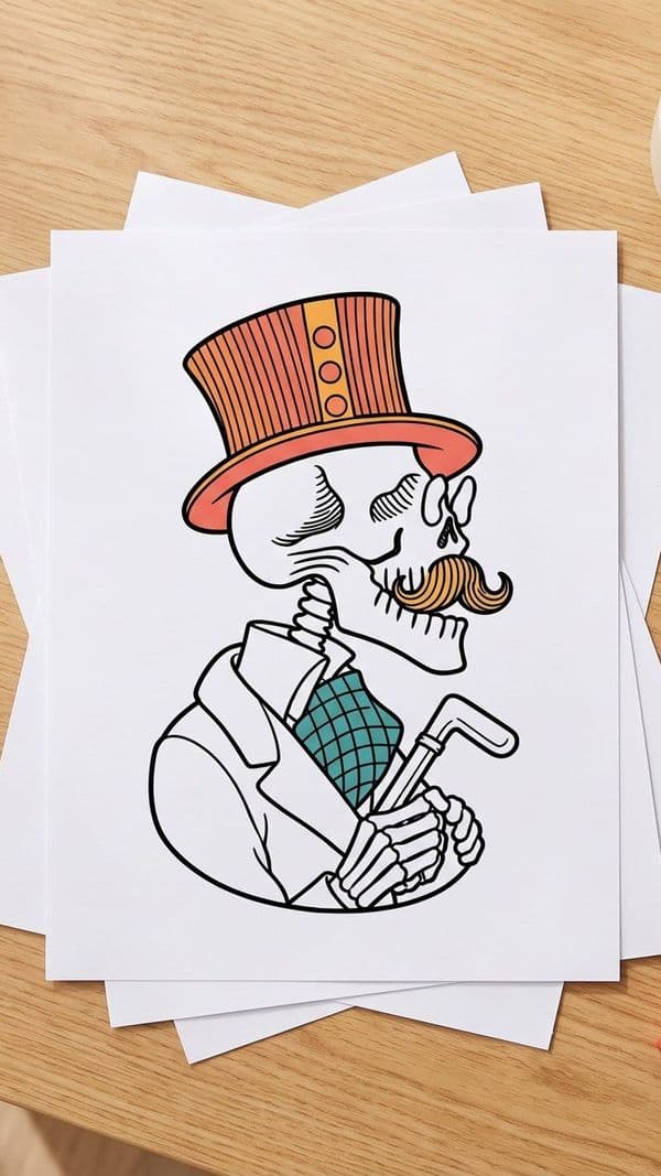 Printed Día de Muertos skeleton coloring page from the Indigenous Art Sampler on a desk with colored pencils