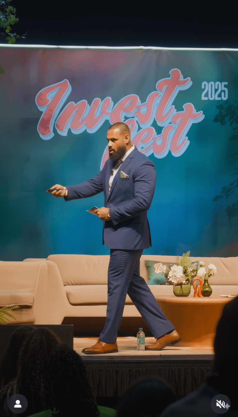 David Regina, a speaker in a blue suit, presents on stage at "Invest Fest 2025," holding a clicker and notes.
