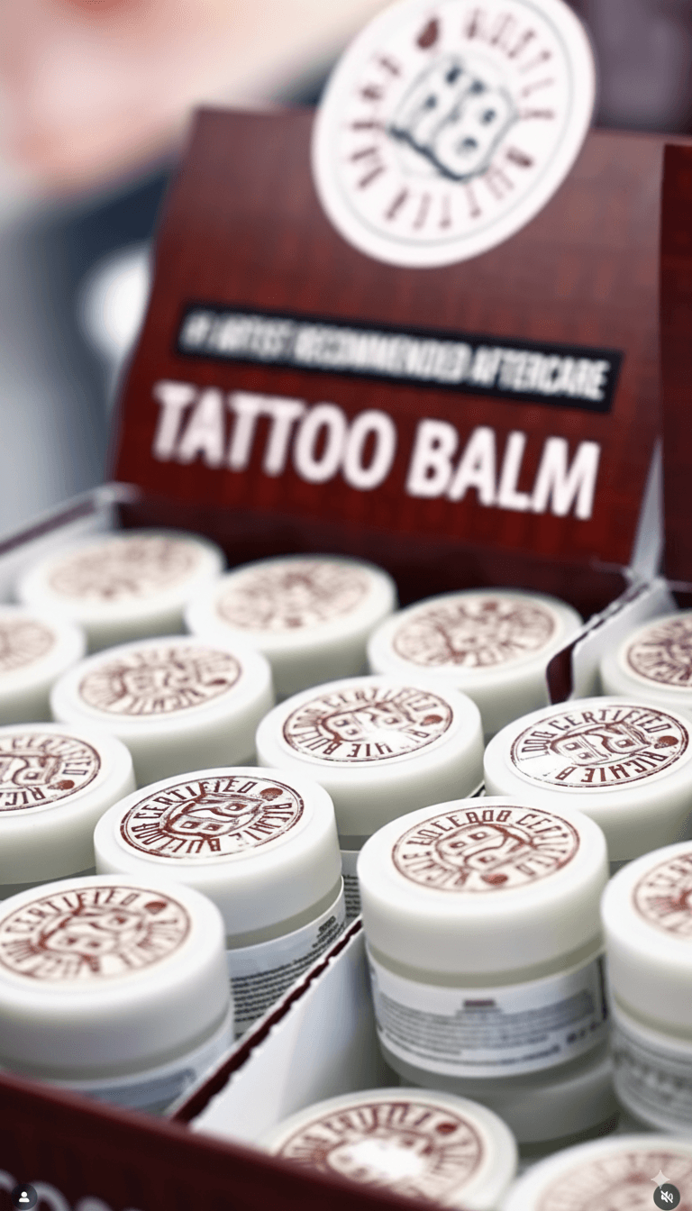 A display box filled with small white jars of tattoo balm with brown logos on the lids. The box front says "Tattoo Balm."