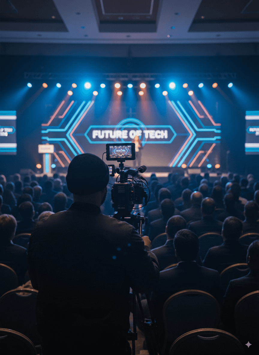 A videographer films a speaker on stage at a 'FUTURE OF TECH' conference with an audience watching.