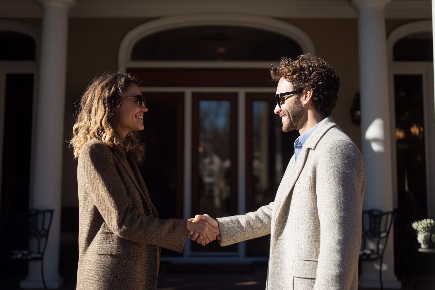 Woman and man shaking hands outside a house, wearing sunglasses and coats. 