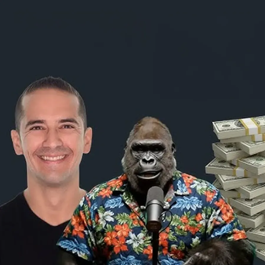 Alex Argüelles and a gorilla hosting a podcast, with stacks of money in the background.