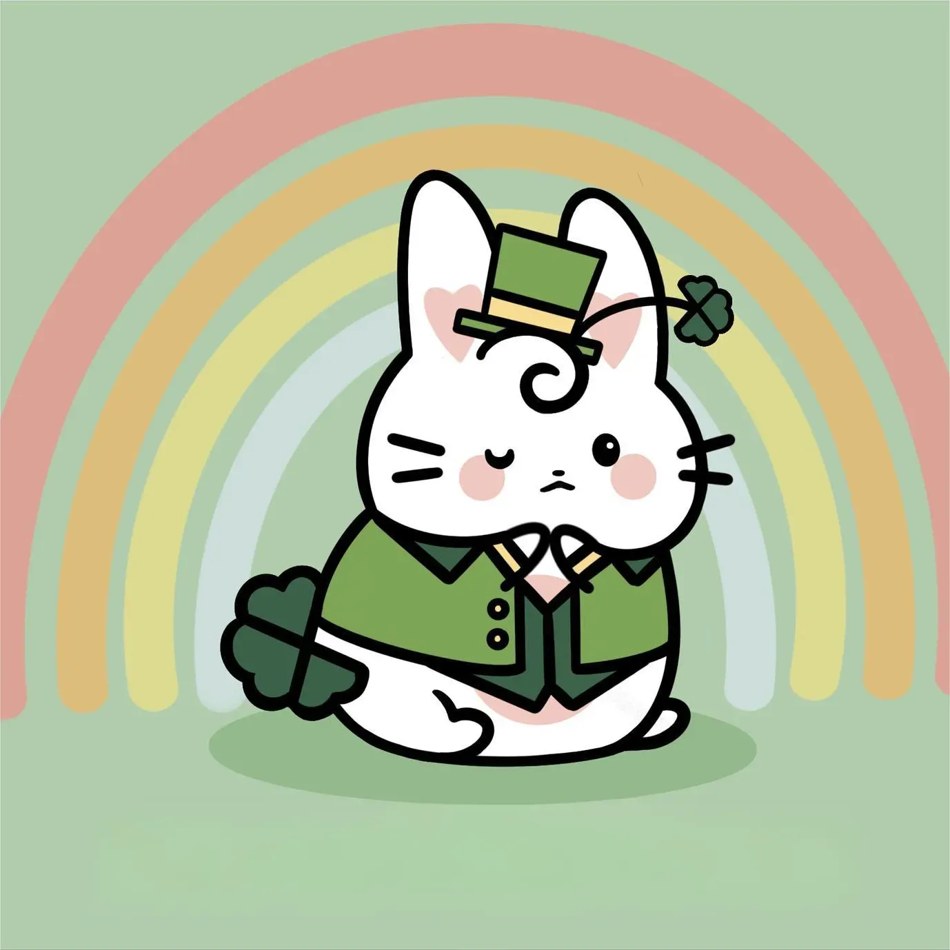 Cartoon bunny dressed for St. Patrick's Day with a clover tail and rainbow behind it.