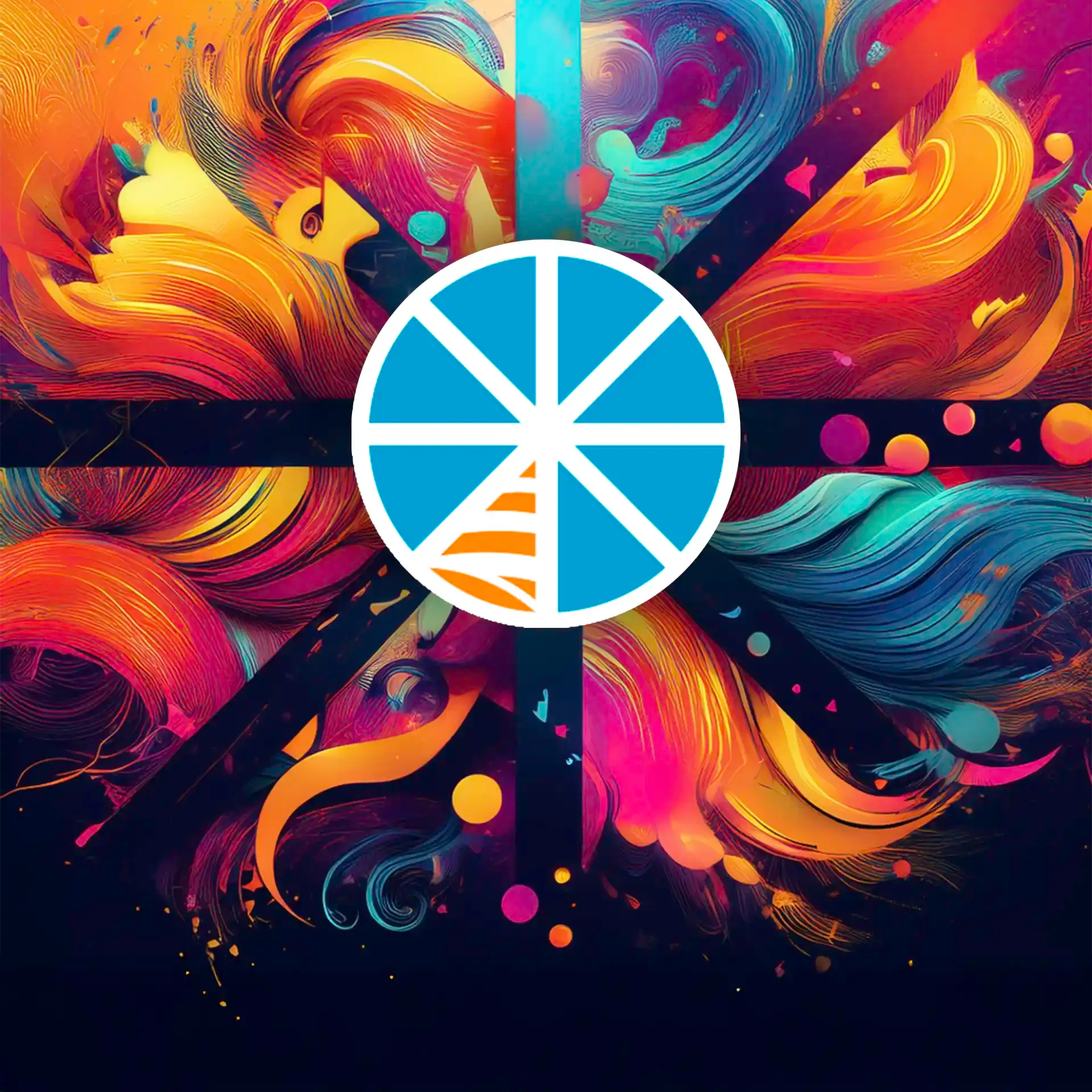 Diversified Fun company logo. Colorful background, logo is a blue pie chart where one slice is an orange party hat.