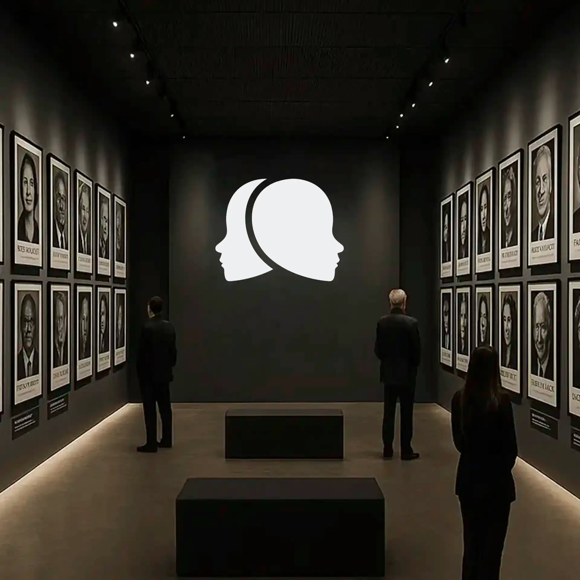 Museum exhibit, Faces of Impact, displays framed portraits on dark walls with visitors viewing the art.