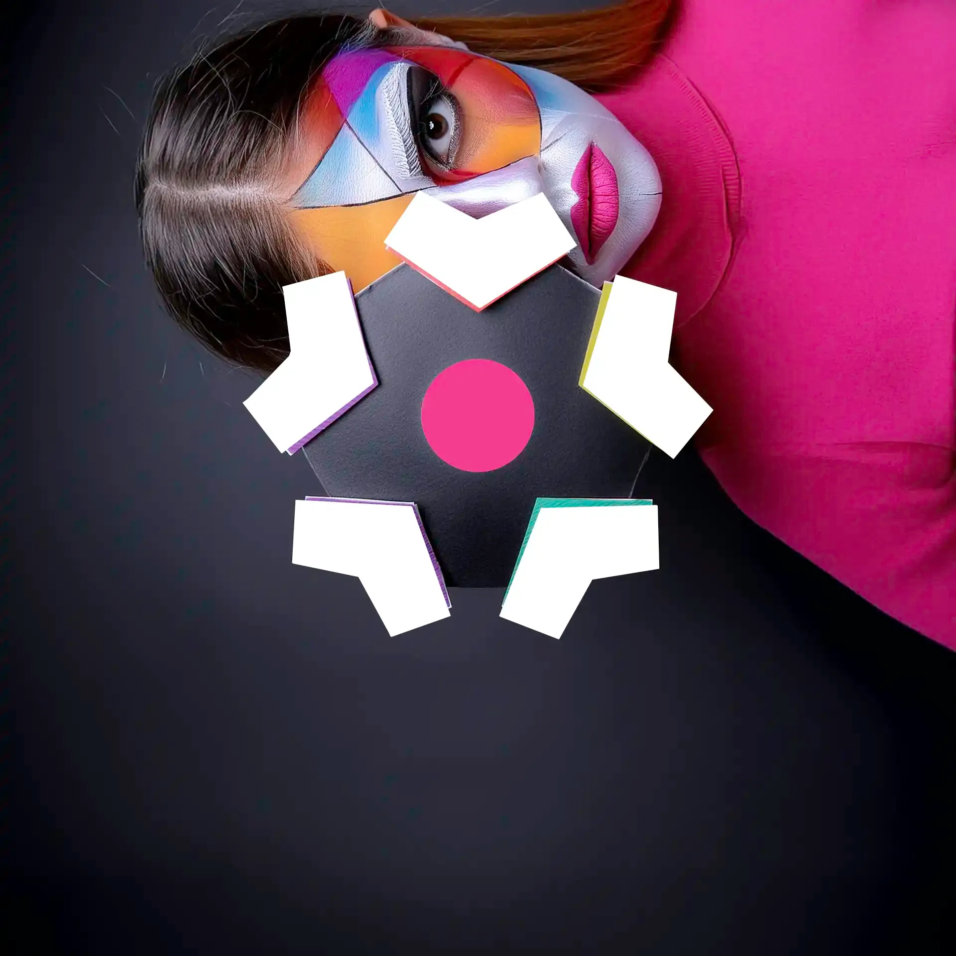 Outli.ne logo on top of a rotated portrait of a woman wearing lots of colorful face paint.