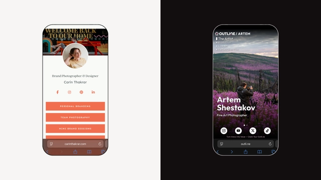 Two phone screens displaying profile pages of creatives, contrasting simple vs. luxury branding.