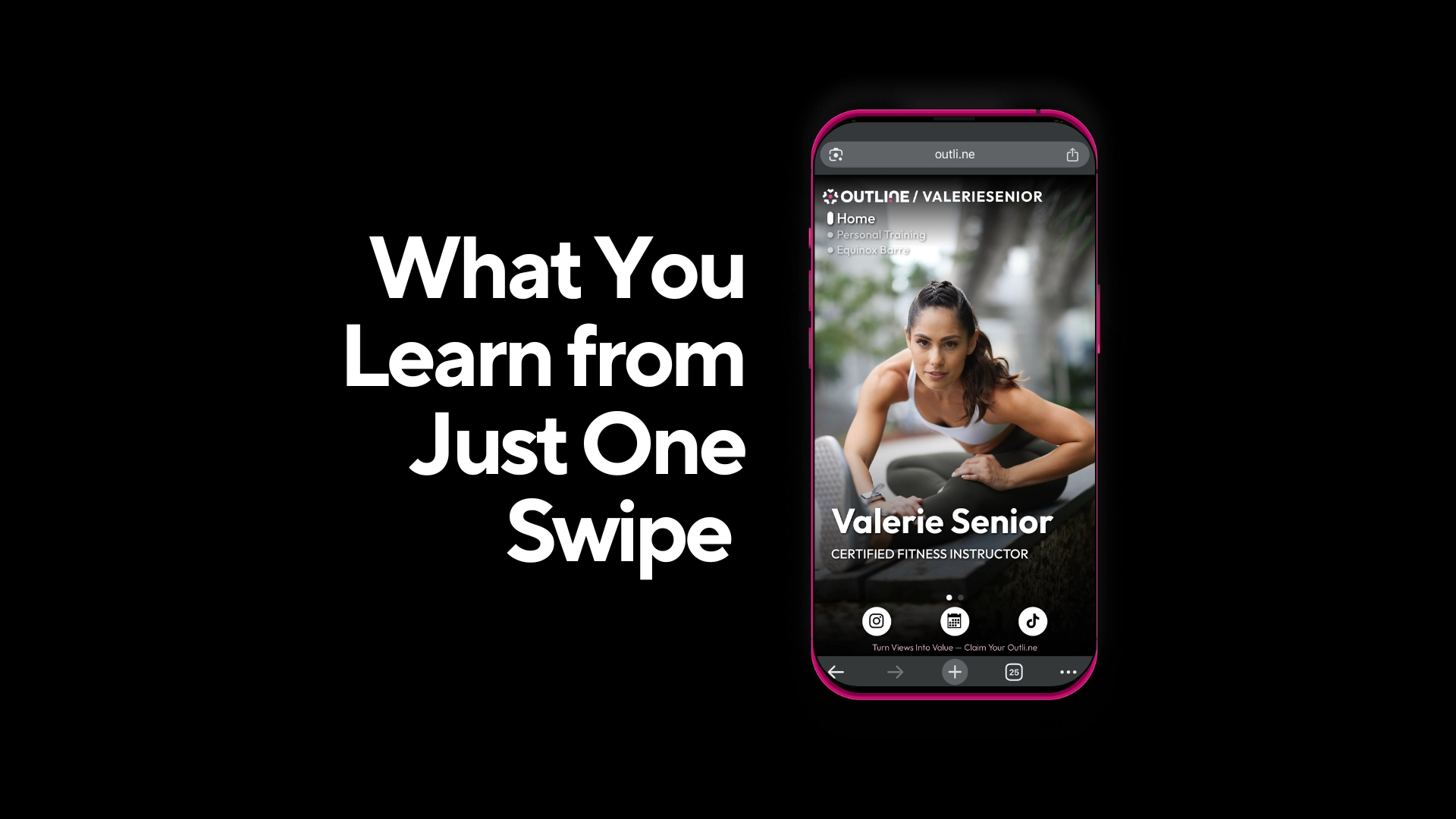 Outli.ne interface with Valerie Senior, certified fitness instructor, showcasing her services like personal training and Equinox Barre.